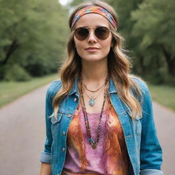 A stylish woman wearing vibrant, bohemian 60s hippie fashion. Picture her with sunglasses, tie-dye clothing, headbands, and fringed leather jackets.