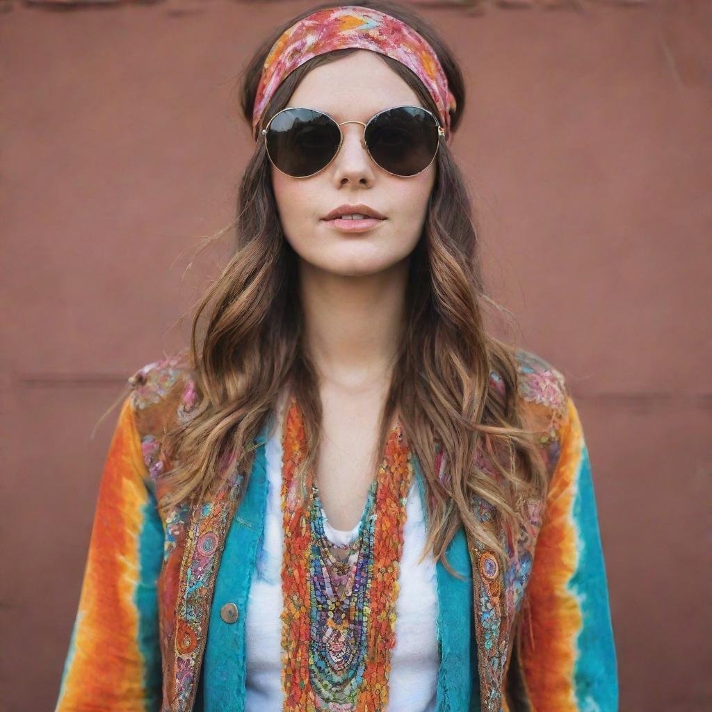 A stylish woman wearing vibrant, bohemian 60s hippie fashion. Picture her with sunglasses, tie-dye clothing, headbands, and fringed leather jackets.