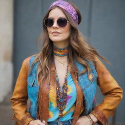 A stylish woman wearing vibrant, bohemian 60s hippie fashion. Picture her with sunglasses, tie-dye clothing, headbands, and fringed leather jackets.