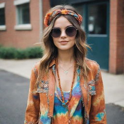 A stylish woman wearing vibrant, bohemian 60s hippie fashion. Picture her with sunglasses, tie-dye clothing, headbands, and fringed leather jackets.