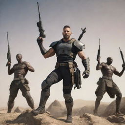 A strong warrior stands triumphantly, holding a sniper rifle with his hands raised high. Lying in the background are three defeated foes.