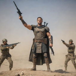 A strong warrior stands triumphantly, holding a sniper rifle with his hands raised high. Lying in the background are three defeated foes.