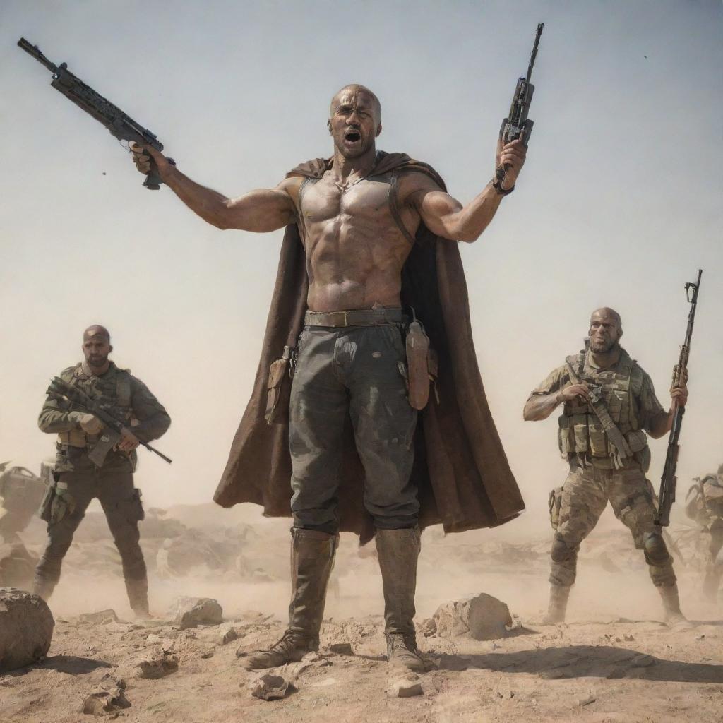 A strong warrior stands triumphantly, holding a sniper rifle with his hands raised high. Lying in the background are three defeated foes.