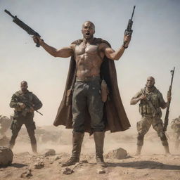 A strong warrior stands triumphantly, holding a sniper rifle with his hands raised high. Lying in the background are three defeated foes.