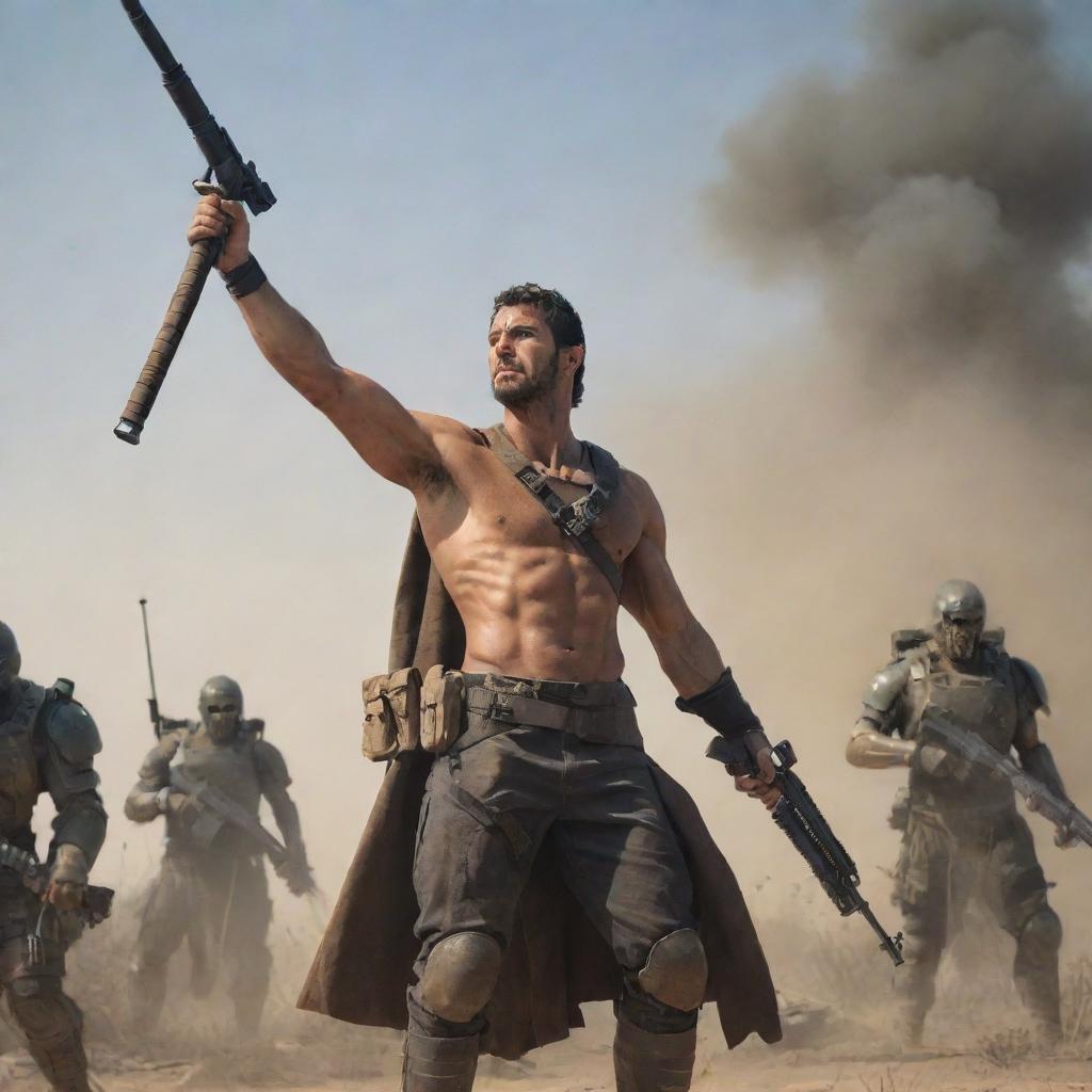 A strong warrior stands triumphantly, holding a sniper rifle with his hands raised high. Lying in the background are three defeated foes.