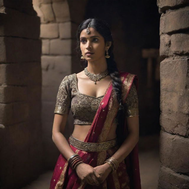 An Indian princess, clad in traditional attire, shackled in the eerie, dimly lit surroundings of an ancient dungeon, exuding resilience amidst adversity.