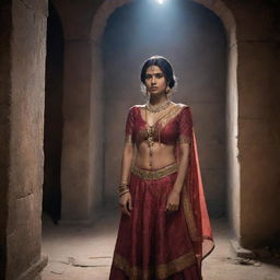 An Indian princess, clad in traditional attire, shackled in the eerie, dimly lit surroundings of an ancient dungeon, exuding resilience amidst adversity.