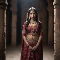 An Indian princess, clad in traditional attire, shackled in the eerie, dimly lit surroundings of an ancient dungeon, exuding resilience amidst adversity.