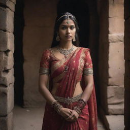 An Indian princess, clad in traditional attire, shackled in the eerie, dimly lit surroundings of an ancient dungeon, exuding resilience amidst adversity.