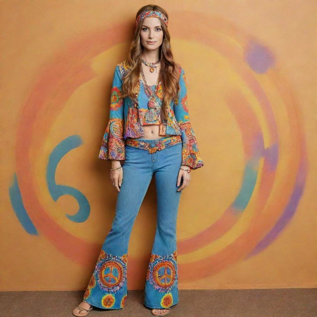 Full-length representation of a woman dressed in a complete 1960s hippie style outfit. She boasts vibrant colors, psychedelic patterns, bell-bottom jeans, a flowing headband, and a peace symbol necklace.