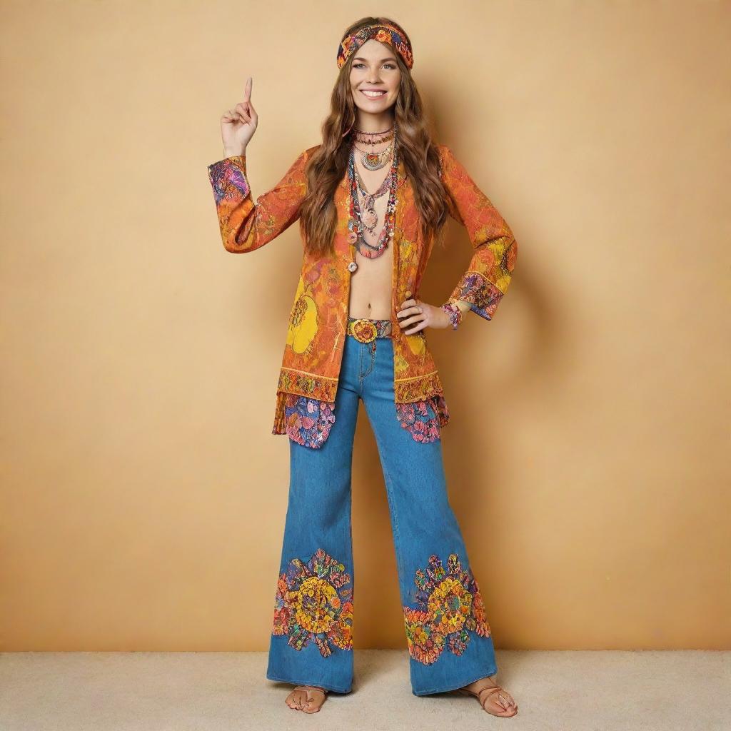 Full-length representation of a woman dressed in a complete 1960s hippie style outfit. She boasts vibrant colors, psychedelic patterns, bell-bottom jeans, a flowing headband, and a peace symbol necklace.