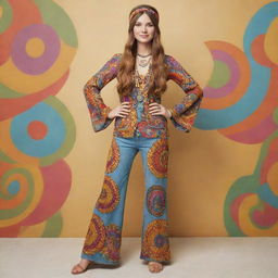 Full-length representation of a woman dressed in a complete 1960s hippie style outfit. She boasts vibrant colors, psychedelic patterns, bell-bottom jeans, a flowing headband, and a peace symbol necklace.