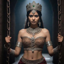 An Indian princess, adorned in traditional royal attire, bound with thick, rusty chains in the oppressive darkness of an ancient dungeon, her defiance shining in her eyes.