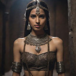 An Indian princess, adorned in traditional royal attire, bound with thick, rusty chains in the oppressive darkness of an ancient dungeon, her defiance shining in her eyes.