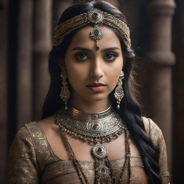 An Indian princess, adorned in traditional royal attire, bound with thick, rusty chains in the oppressive darkness of an ancient dungeon, her defiance shining in her eyes.