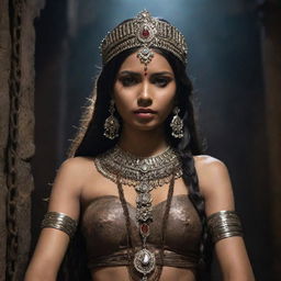 An Indian princess, adorned in traditional royal attire, bound with thick, rusty chains in the oppressive darkness of an ancient dungeon, her defiance shining in her eyes.