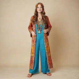 A full length image of a woman dressed in a complete 60s hippie style outfit, embodying peace, love and freedom.