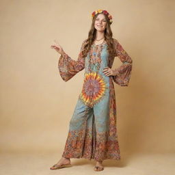 A full length image of a woman dressed in a complete 60s hippie style outfit, embodying peace, love and freedom.