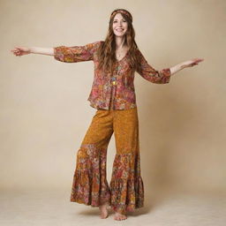 A full length image of a woman dressed in a complete 60s hippie style outfit, embodying peace, love and freedom.