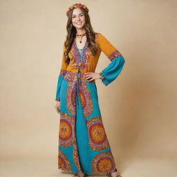 A full length image of a woman dressed in a complete 60s hippie style outfit, embodying peace, love and freedom.