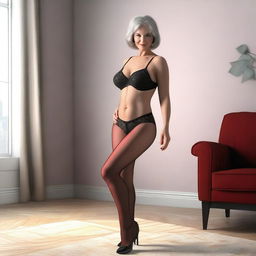 This ultra-realistic, photo-like 3D render captures a woman in her 50s with a thin waist and large breasts