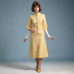 A full length view of a woman donned in a classic 60s outfit, reflecting popular trends of that era