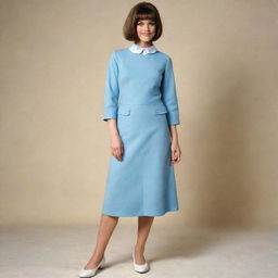 A full length view of a woman donned in a classic 60s outfit, reflecting popular trends of that era