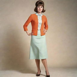 A full length view of a woman donned in a classic 60s outfit, reflecting popular trends of that era