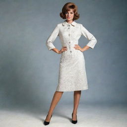 A full length view of a woman donned in a classic 60s outfit, reflecting popular trends of that era