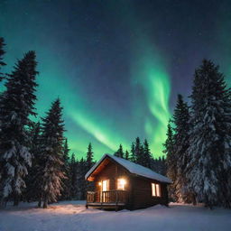 spectacular scene of a winter night sky with aurora borealis, illuminating a small cabin under a blanket of snow-topped fir trees