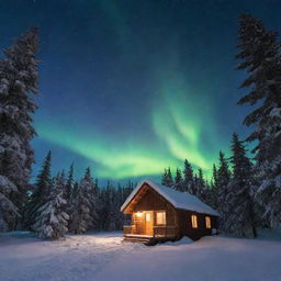 spectacular scene of a winter night sky with aurora borealis, illuminating a small cabin under a blanket of snow-topped fir trees