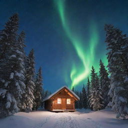 spectacular scene of a winter night sky with aurora borealis, illuminating a small cabin under a blanket of snow-topped fir trees