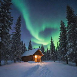 spectacular scene of a winter night sky with aurora borealis, illuminating a small cabin under a blanket of snow-topped fir trees