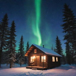 A vintage, rustic, tiny cabin nestled in a snowy fir tree forest, under a splendid winter night sky boasting a vibrant display of aurora borealis