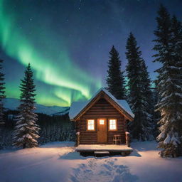 A vintage, rustic, tiny cabin nestled in a snowy fir tree forest, under a splendid winter night sky boasting a vibrant display of aurora borealis