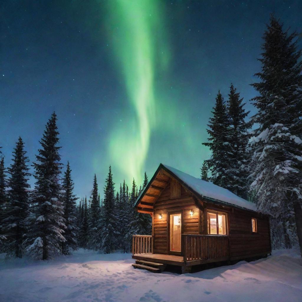 A vintage, rustic, tiny cabin nestled in a snowy fir tree forest, under a splendid winter night sky boasting a vibrant display of aurora borealis