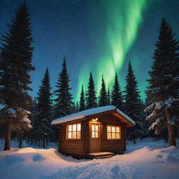 A vintage, rustic, tiny cabin nestled in a snowy fir tree forest, under a splendid winter night sky boasting a vibrant display of aurora borealis