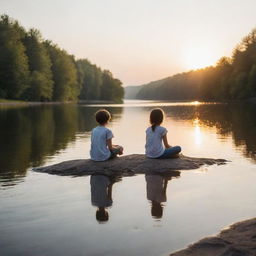 A boy and a girl sitting on a lakeshore with glistening sun, the boy skipping stones on calm water and the girl absorbing the beauty of serene surroundings.