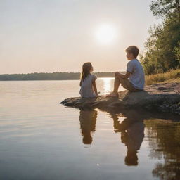 A boy and a girl sitting on a lakeshore with glistening sun, the boy skipping stones on calm water and the girl absorbing the beauty of serene surroundings.