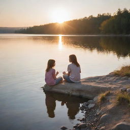 A boy and a girl sitting on a lakeshore with glistening sun, the boy skipping stones on calm water and the girl absorbing the beauty of serene surroundings.