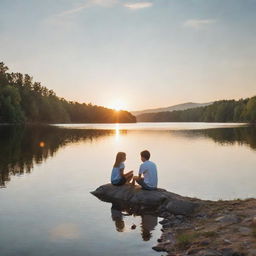 A boy and a girl sitting on a lakeshore with glistening sun, the boy skipping stones on calm water and the girl absorbing the beauty of serene surroundings.