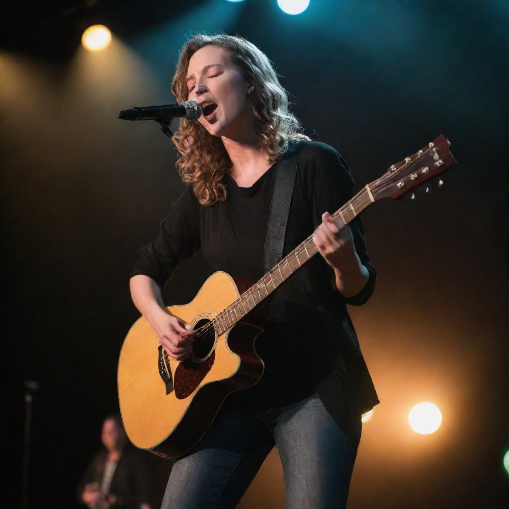 A dynamic vocalist fervently singing a tune while skillfully playing a guitar on a brightly lit stage, surrounded by the suspenseful atmosphere of the concert.