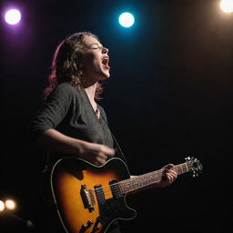 A dynamic vocalist fervently singing a tune while skillfully playing a guitar on a brightly lit stage, surrounded by the suspenseful atmosphere of the concert.