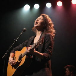 A dynamic vocalist fervently singing a tune while skillfully playing a guitar on a brightly lit stage, surrounded by the suspenseful atmosphere of the concert.