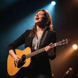 A dynamic vocalist fervently singing a tune while skillfully playing a guitar on a brightly lit stage, surrounded by the suspenseful atmosphere of the concert.