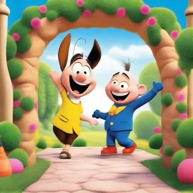 The wacky cartoon characters walked through a whimsical shouldered arch, bringing laughter and joy to the screen.