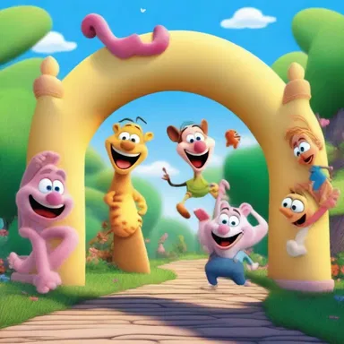 The wacky cartoon characters walked through a whimsical shouldered arch, bringing laughter and joy to the screen.
