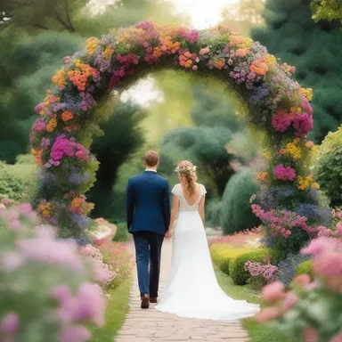 As they entered the picturesque garden, they passed beneath a shouldered arch entwined with colorful flowers, creating a romantic setting for their evening stroll.