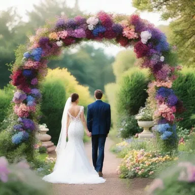 As they entered the picturesque garden, they passed beneath a shouldered arch entwined with colorful flowers, creating a romantic setting for their evening stroll.