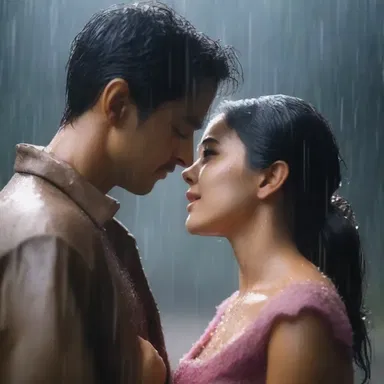 In the romantic movie, the couple shares a tender moment under a soft sparge of rain as they confess their love for each other.